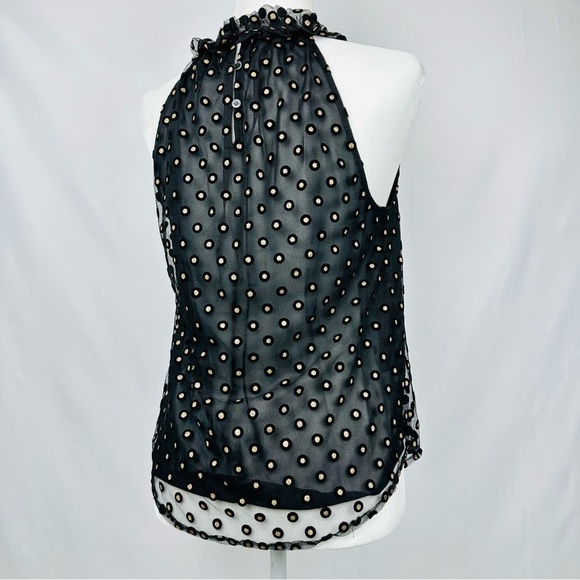 LOFT Metallic Gold Clip Dot Polka Dot Black Ruffle Yoke  Sleeveless Blouse XS - Picture 4 of 9